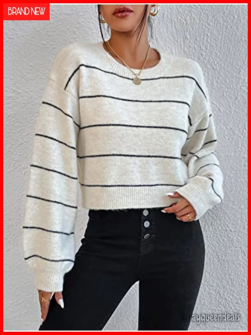 Striped Drop Shoulder Crewneck Soft Cropped Sweater Pullover Knit Top